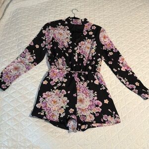 Lucca Couture Black and Pink Floral Romper with Wrap Style